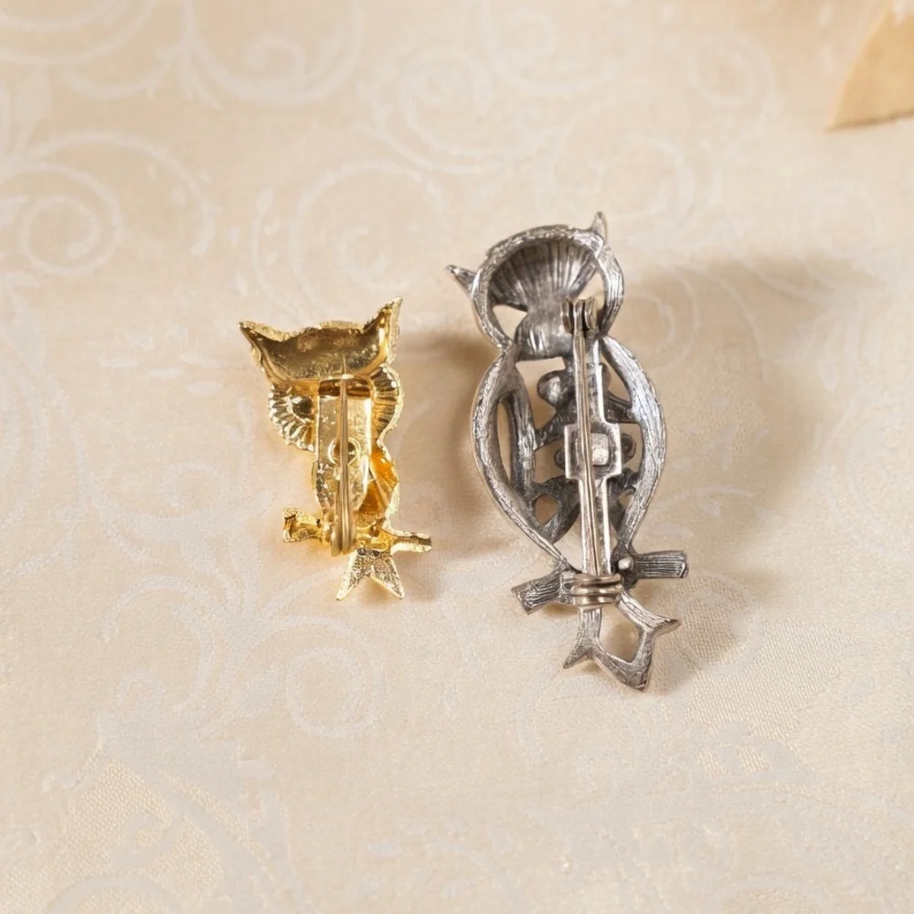 Vintage Owl Brooch Lot Gold Silver Tone Filigree Rhinestone Owl Pin Animal Bird